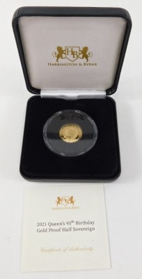 A 2021 Harrington & Byrne Queens 95th birthday gold proof half sovereign, Tristen Da Cunha, 4g, in outer case and box, with some paperwork. - 3