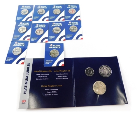 Various Royal Air Force commemorative aeroplane fifty pence pieces, 1931, etc, in associated packaging, and a 2002 Platinum Jubilee celebration coin pack. (a quantity)