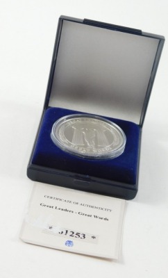 A .999 fine silver coin, Winston Churchill speech, Great Leaders Great Words commemorative coin, in outer box with some paperwork. - 3