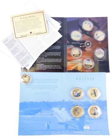 A Battle Of Britain aircraft limited edition Douglas Bader gold plated coin set, in outer packaging, and Remembering World War II, coin set, including gold plated and other coins. (a quantity)