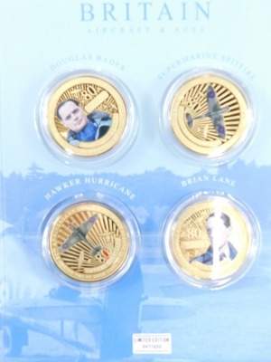 A Battle Of Britain aircraft limited edition Douglas Bader gold plated coin set, in outer packaging, and Remembering World War II, coin set, including gold plated and other coins. (a quantity) - 2