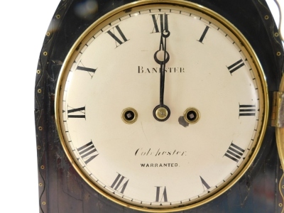 Banister, Colchester. An early 19thC ebony and brass inlaid lancet shaped mantel clock, decorated with scroll, roundels, etc., the painted dial with Roman numerals, the brass movement also engraved with the maker, 46cm high. James Banister is recorded as - 2