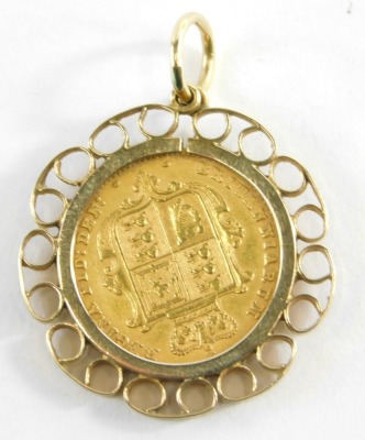 A Victorian half gold sovereign pendant, dated 1861, with scroll design pendant mount and loop, 6.3g. - 2