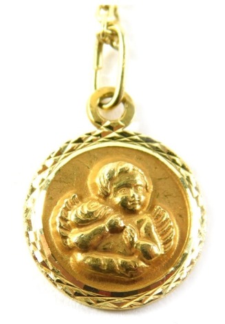 A slender link necklace, marked 585, 40cm long, attached to an unmarked pendant raised with cherub, 3.4g all in.