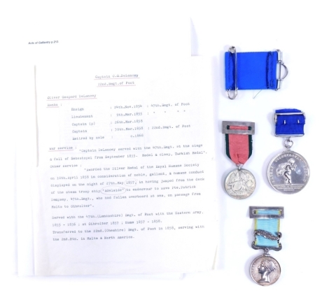 A Royal Humane Society medal, for the unsuccessful rescue for Lieutenant Oliver G DeLancey, together with a Crimea 1855 medal and another with Sebastopol floral clasp, with accompanying ephemera stating DeLancey was awarded the silver medal of the Royal H