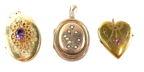 Three pendants, comprising a 9ct gold amethyst scroll pendant, 3cm high, 5.7g, an unmarked yellow metal Victorian brooch set with pearls, 3cm high, and a gold plated heart shaped locket, set with paste stones, 2cm high. (3)