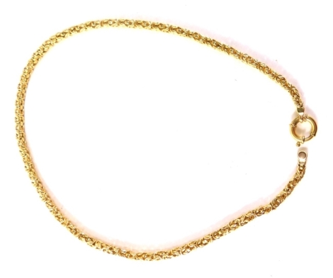 A 9ct gold Byzantine link neck chain, with large circular clip clasp, 51cm long, 20g.