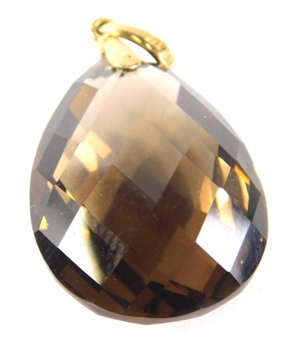 A 9ct gold smoky quartz teardrop pendant, 2cm high, and a 9ct gold fine link neck chain, approximately 40cm long, 4.3g all in. (2)