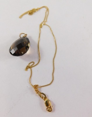 A 9ct gold smoky quartz teardrop pendant, 2cm high, and a 9ct gold fine link neck chain, approximately 40cm long, 4.3g all in. (2) - 2