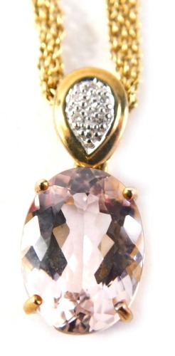 A pink topaz and cz 9ct gold framed pendant, 3cm high, on a plated chain, 3.9g all in, boxed.