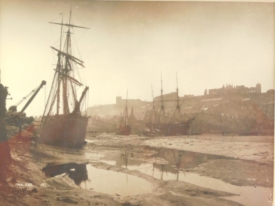 Francis (Frank) Meadow Sutcliffe (1853-1941). Moored Whitby fishing boats, gelatin carbon print, no. N5539, 15cm x 19cm