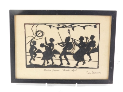 Fredz Deutsche Fueng: Wanderbougel. Silhouette of children, signed and titled. 11cm x 19cm. - 2