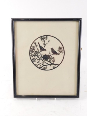 An early 20thC silhouette of birds nesting in a blossoming tree, unsigned, 14cm diameter. - 2