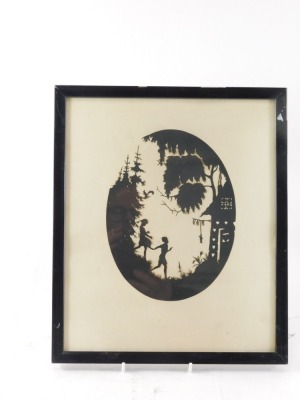 An early 20thC silhouette, of children on a bank before houses and trees, oval, unsigned, 20cm x 15cm. - 2