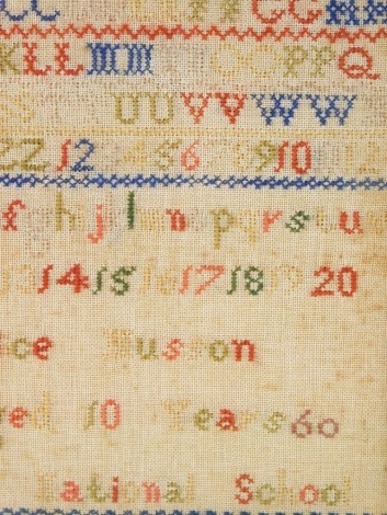 A Victorian alphabetic and numeric sampler by Alice Musson, Girls National School 1860, 21cm x 21cm.