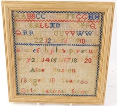 A Victorian alphabetic and numeric sampler by Alice Musson, Girls National School 1860, 21cm x 21cm. - 2