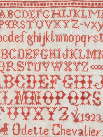 A George VI alphabetic sampler by Adette Chevalier, 1923, 27cm x 24cm.