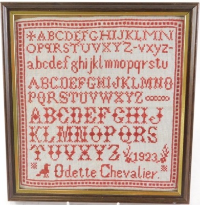 A George VI alphabetic sampler by Adette Chevalier, 1923, 27cm x 24cm. - 2