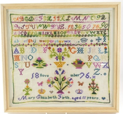 A Victorian pictorial alphabetic and motto sampler by Mary Elizabeth Firth, aged eleven years, Nov 1876, 39cm x 42cm. - 2