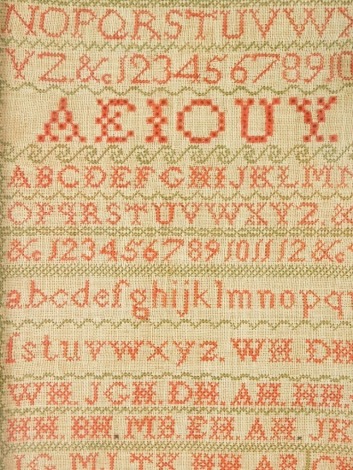 A Victorian alphabetic and numeric sampler by Hanna B. Hutchinson, Jan 21st 1855, 39cm x 26cm.