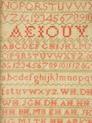 A Victorian alphabetic and numeric sampler by Hanna B. Hutchinson, Jan 21st 1855, 39cm x 26cm.