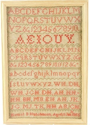 A Victorian alphabetic and numeric sampler by Hanna B. Hutchinson, Jan 21st 1855, 39cm x 26cm. - 2