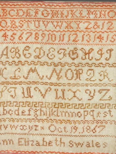 A Victorian alphabetic and numeric sampler by Ann Elizabeth Swales, October 1867, 29cm x 25cm.