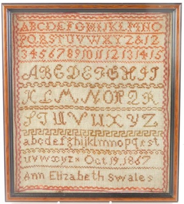 A Victorian alphabetic and numeric sampler by Ann Elizabeth Swales, October 1867, 29cm x 25cm. - 2