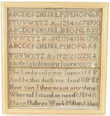 A George III alphabetic, numeric and motto sampler by Mary Phillips, Milton Abbot 1814, 34cm x 31cm. - 2