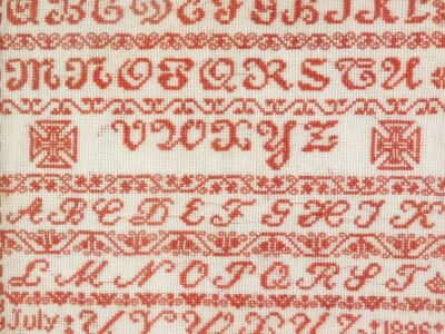 A Victorian alphabetic sampler, dated July 1896, 34cm x 34cm.