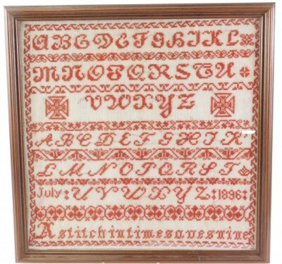 A Victorian alphabetic sampler, dated July 1896, 34cm x 34cm. - 2