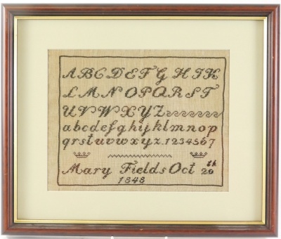 A Victorian alphabetic and numeric sampler by Mary Fields, October 20th 1848, 21cm x 26cm. - 2