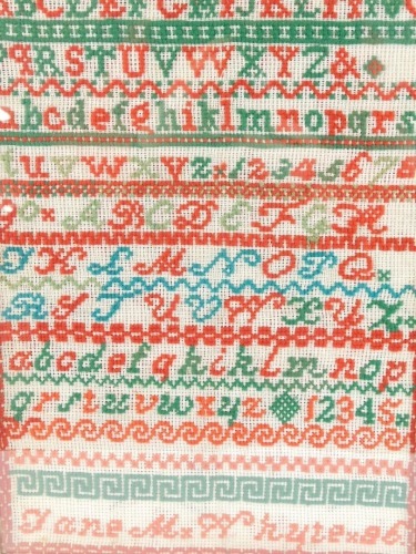 A Victorian alphabetic and numeric sampler by Jane Whyte, (18)86, 41cm x 30cm.