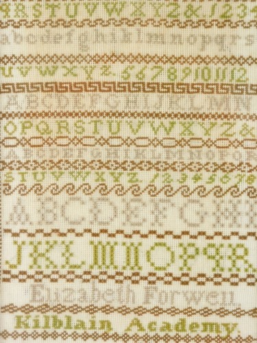 A Victorian alphabetic and numeric sampler by Elizabeth Forwell Kilblain, Academy Greenock 1889, 40cm x 26cm.