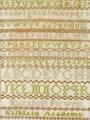 A Victorian alphabetic and numeric sampler by Elizabeth Forwell Kilblain, Academy Greenock 1889, 40cm x 26cm.