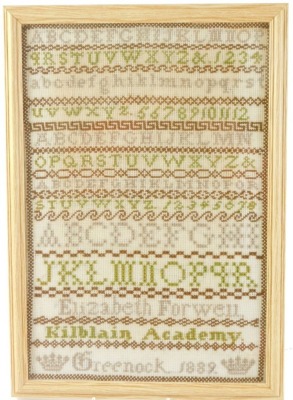 A Victorian alphabetic and numeric sampler by Elizabeth Forwell Kilblain, Academy Greenock 1889, 40cm x 26cm. - 2