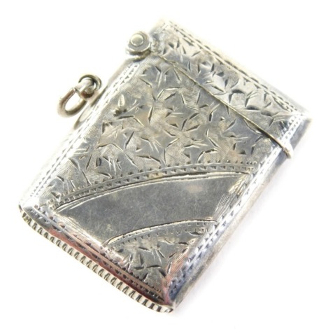 A George V silver vesta case, decorated with ivy leaves with side hook, 5cm high, 0.5oz.