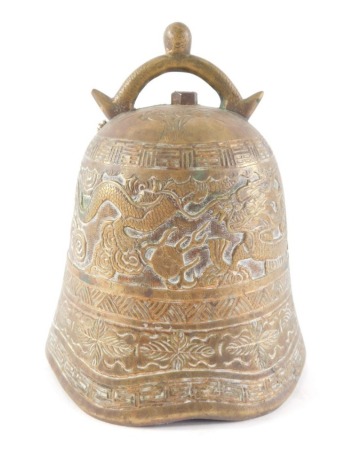 A Chinese bronze bell or gong, cast overall with dragons, leaves, etc., 19cm high.