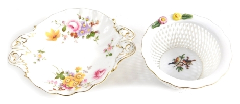 A Herend of Hungary bowl, with lattice work body, the centre decorated with birds with raised flower heads to the rim, 10cm wide, and a Royal Crown Derby Derby Posies pattern dish. (2)