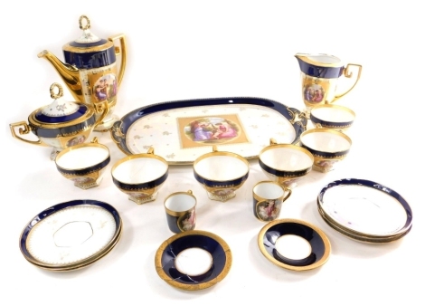 A Vienna porcelain part cabaret service, MZ and other makes, in the manner of Kaufmann, to include serving tray, 41cm wide, coffee pot, jug, cups, saucers, etc., with a variety of different designs, many with bee hive marks beneath, profusely decorated wi