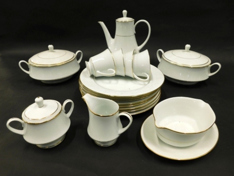 A Noritake Gold Dawn RC part dinner service, P512, comprising a pair of lidded tureens, 16cm high, oval meat plate, dinner plates, side plates, bread and butter plates, coffee pot, teapot, two handled sugar bowl, cups, sauce dish and bowls. (a quantity)