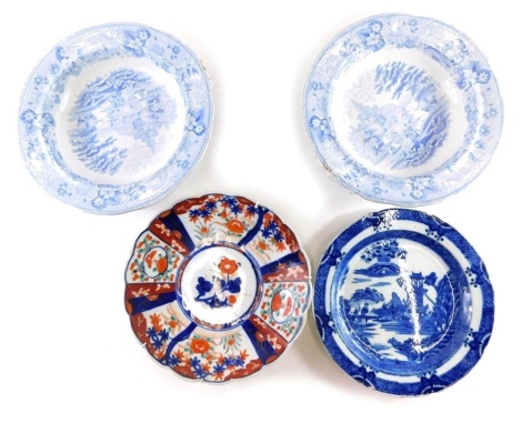 Various decorative plates, wall plates, etc., a Chinese design English porcelain plate decorated with figures, buffalo and buildings, with a floral border, 24cm wide, an Imari plate, and two 19thC Italian Scenes footed open dishes, each transfer printed. 