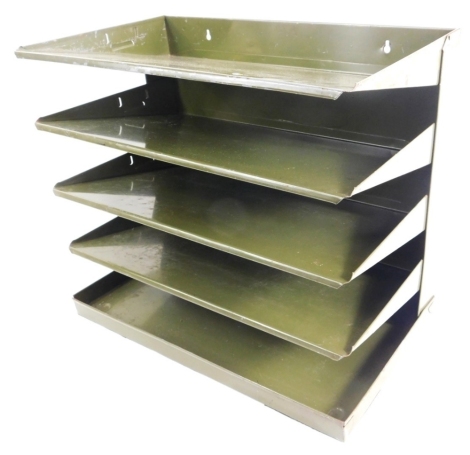 A tabletop metal filing tray, possibly military, but unmarked, with four sections, in green, 38cm wide.