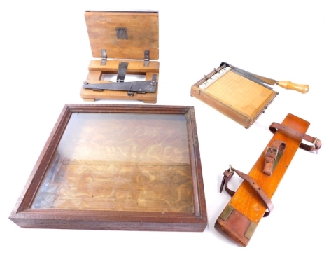 Two photographers guillotines with gauges, an oak glazed key cabinet, etc.