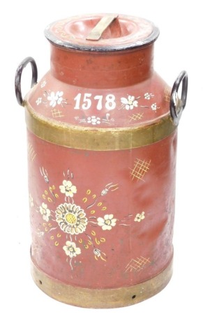 A milk churn, decorated in Folk Art style, decorated with flowers on a red ground and bearing date 1578, 61cm high.