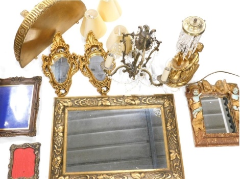 Various decorative effects, giltwood cherub lamp with glass droppers and brass mount, 46cm high, highly decorative cherub mirror, various others, light fittings, etc. (a quantity) WARNING! This lot contains untested or unsafe electrical items. It is sup