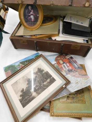 An early 20thC wooden bound leather trunk, containing a quantity of artist materials, pictures, prints, frames, Rock Jones (19thC), calm stream, watercolour, signed, 32cm x 22cm, other oil prints, pictures, frames, etc. (a quantity)