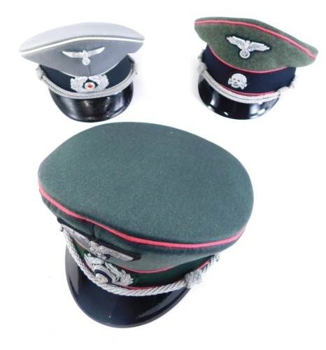 Three reproduction German military peak caps, size 56, etc. (3)