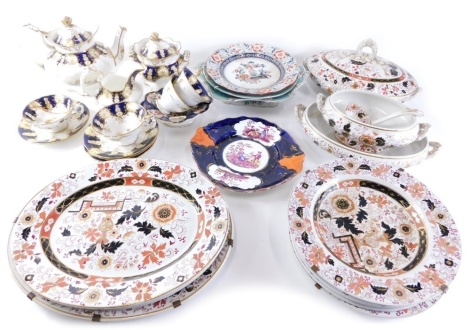 Various 19thC teaware, part services, a 19thC porcelain part service comprising teapot, 21cm high, sucrier, etc., a 19thC part service transfer printed with flowers with gilt highlights, to include lidded tureen, meat plates, etc., and various other 19thC