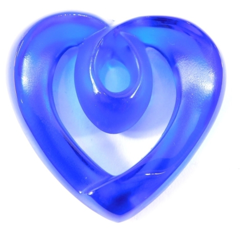 A Lalique heart shaped charm in blue glass, 4cm wide. (boxed)